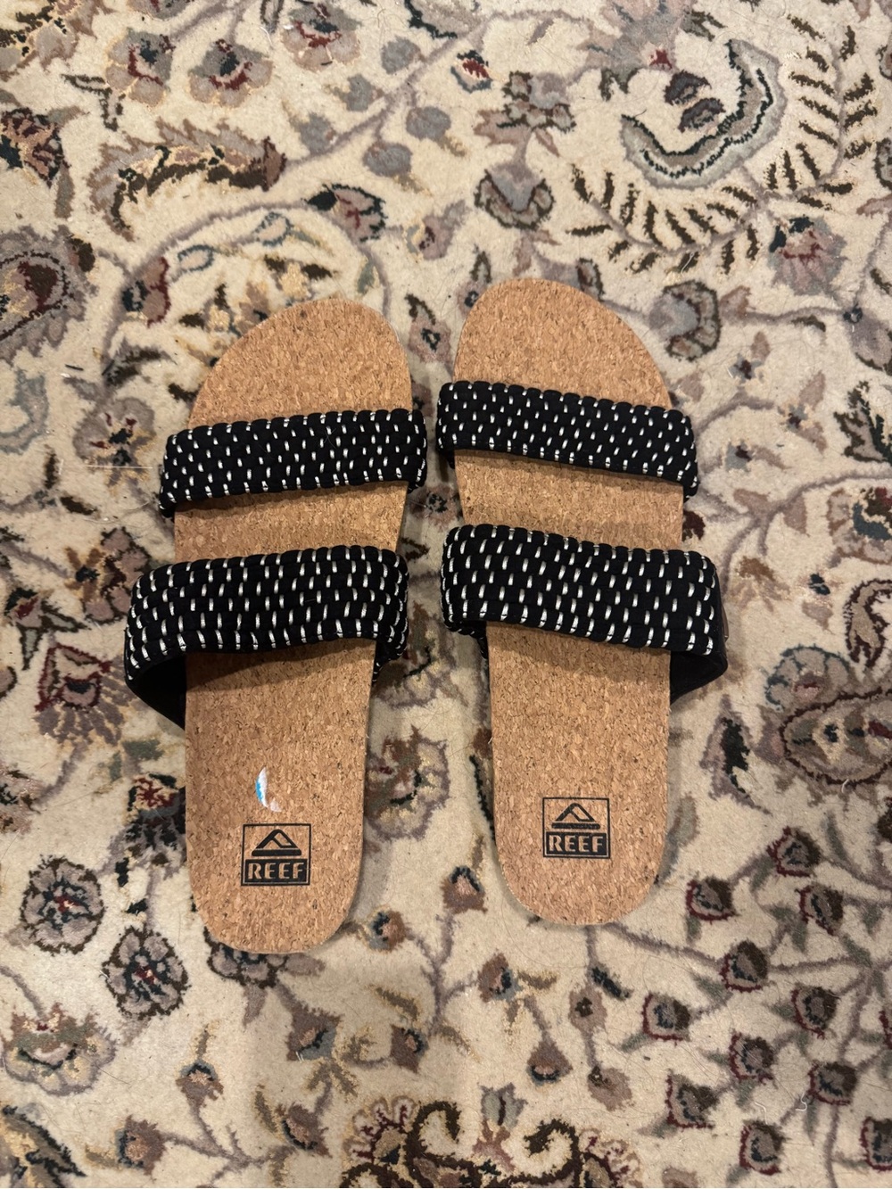 Reef Black Woven Double-Strap Cork Slides